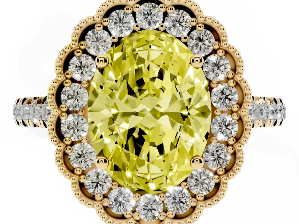 Fancy Yellow Oval Cut Cut Diamond Milgrain Floral Halo Engagement Ring with Pavé Band Yellow gold