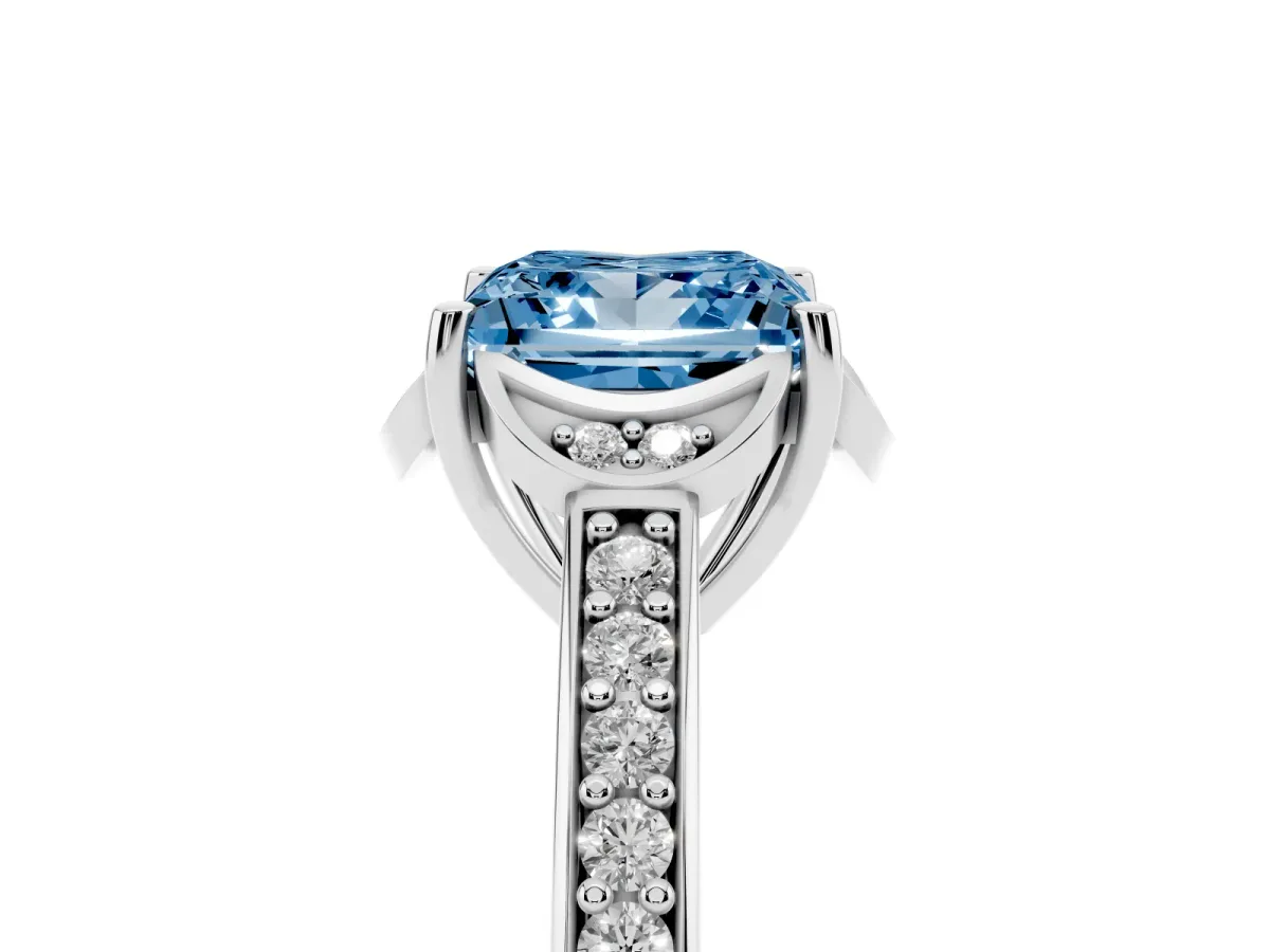 Fancy Blue Princess Cut Cut Halo Diamond Ring with Channel Set Band and Four-Prong Setting Silver