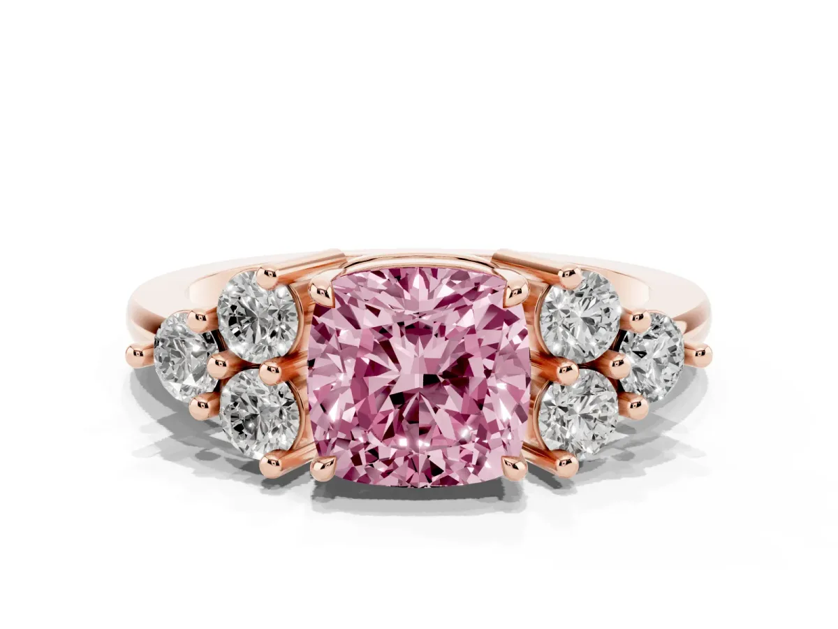 Fancy Pink Cushion Cut Brilliant Diamond Cluster Accent Solitaire Ring with Prong Setting Rose gold