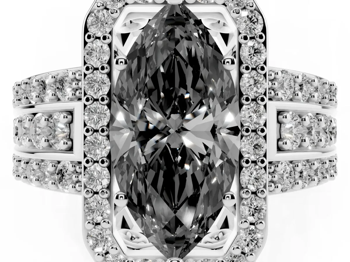 Fancy Black Marquise Cut Halo Diamond Ring with Round Split Shank and Prong Setting Platinum
