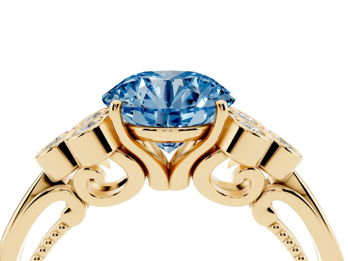 Fancy Blue Round Cut Cut Diamond Engagement Ring with Bezel Set Round Side Stones and Prong Setting Yellow gold