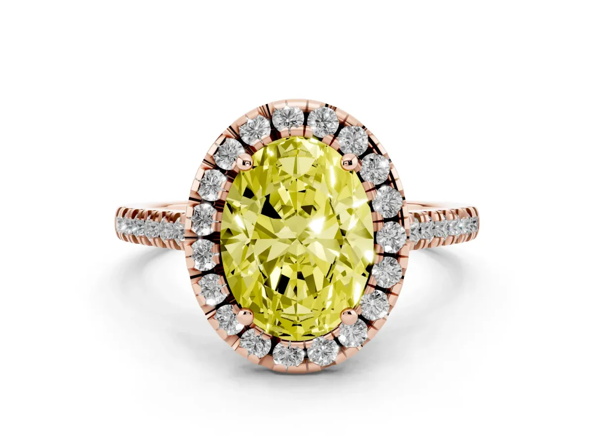 Fancy Yellow Oval Cut Diamond Cushion Halo Ring with Pavé Band Rose gold