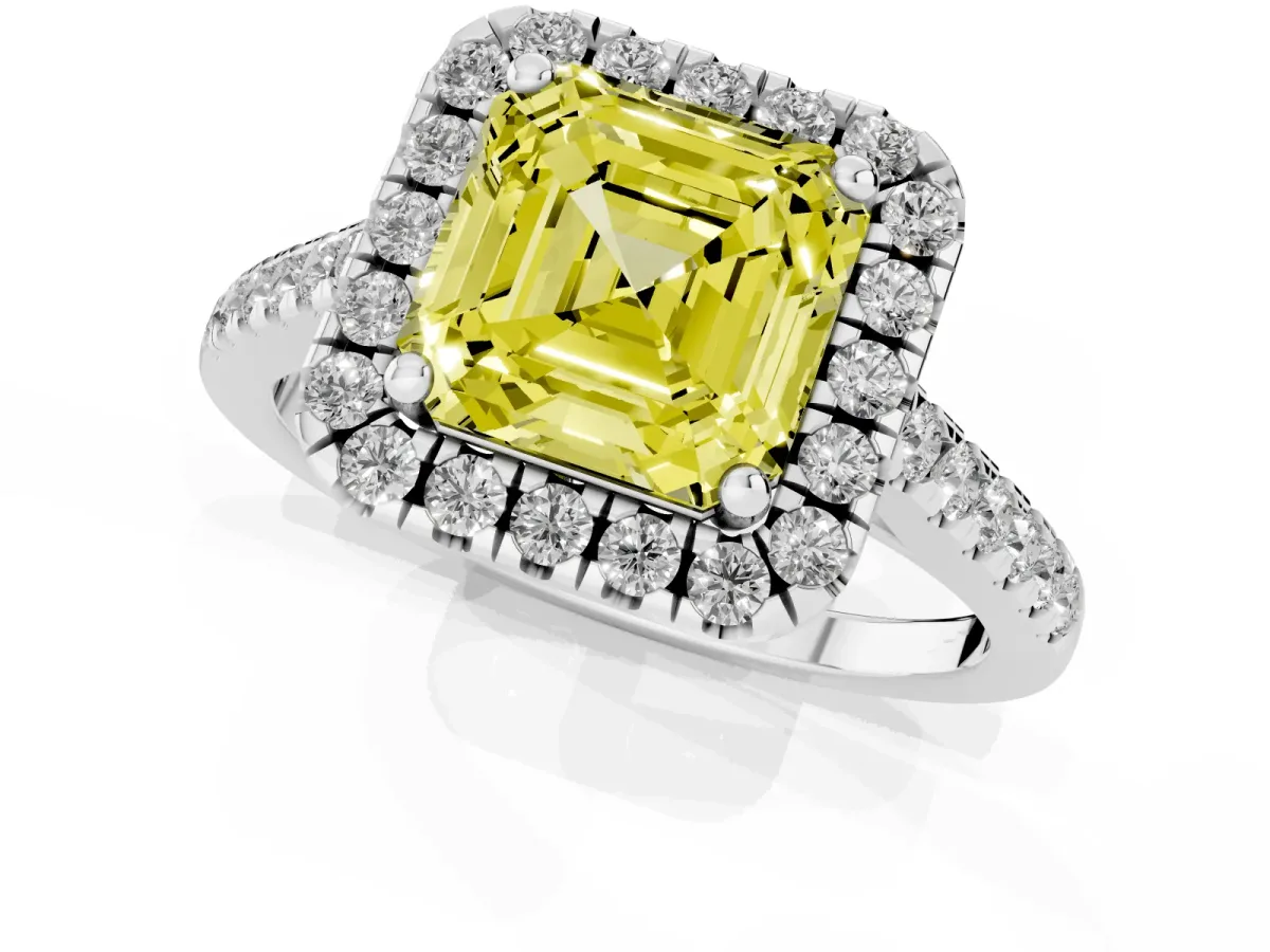 Fancy Yellow Asscher Cut Halo Pavé Diamond Engagement Ring with Four-Prong Setting Silver