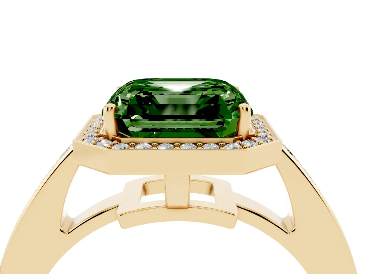 Fancy Green Asscher Cut Halo Pavé Diamond Engagement Ring with Bezel Setting Yellow gold
