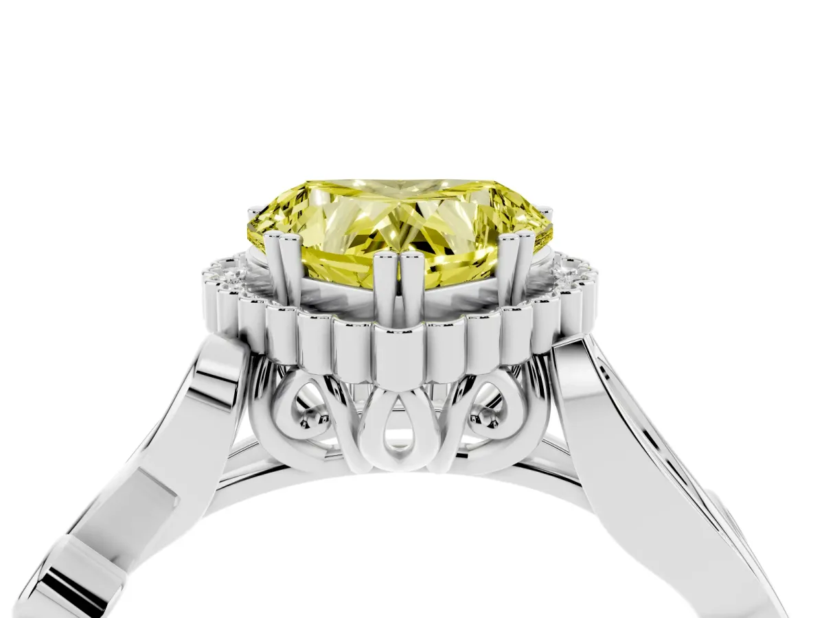 Fancy Yellow Heart Cut Diamond Halo Ring with Vintage Split Shank and Four-Prong Setting Silver