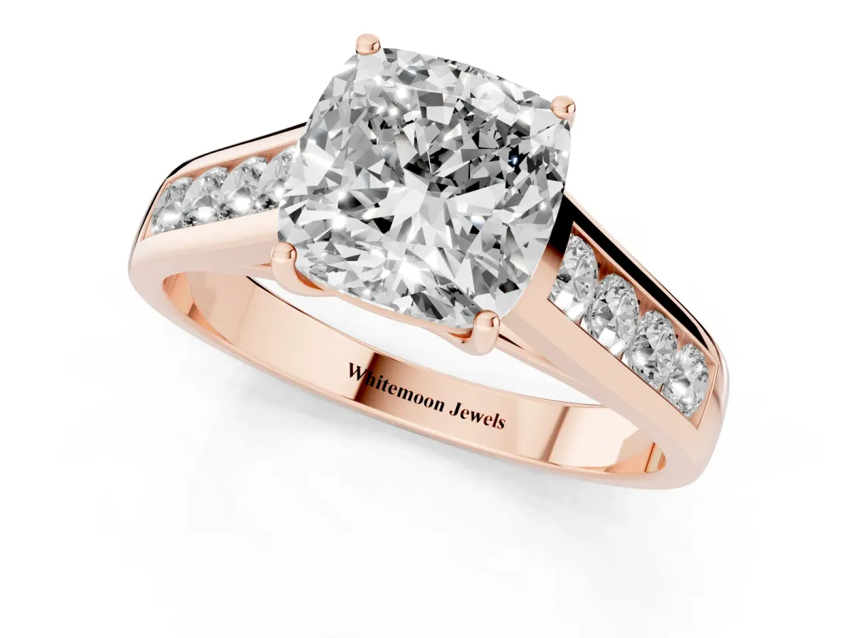Cushion Cut Solitaire Channel-Set Diamond Engagement Ring with Four-Prong Setting Rose gold
