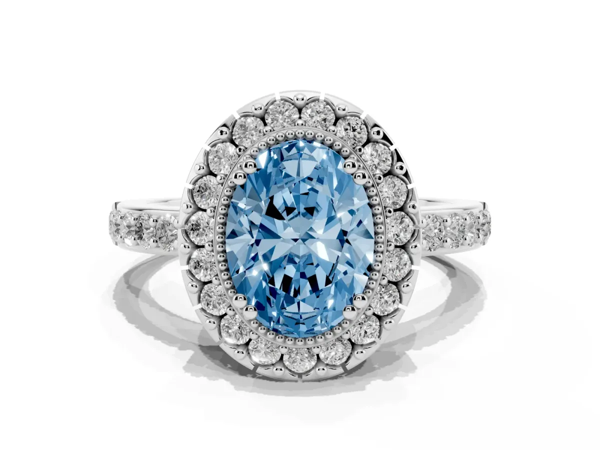 Fancy Blue Oval Cut Diamond Halo Ring with Pavé Band and Prong Setting Silver