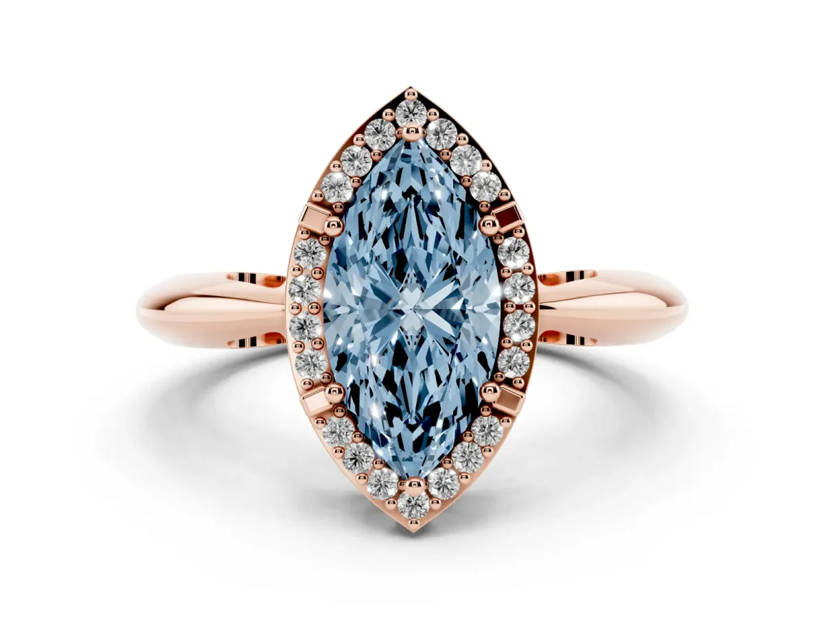 Fancy Blue Marquise Cut Cut Diamond Halo Engagement Ring with Split Shank and Four-Prong Setting Rose gold