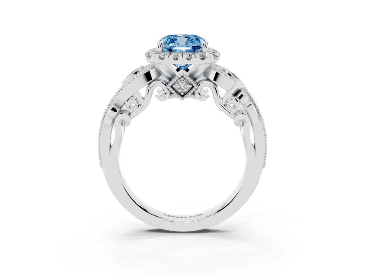 Fancy Blue Cushion Cut Halo Diamond Ring with Milgrain and Bezel Accents on a Split Shank Band White gold