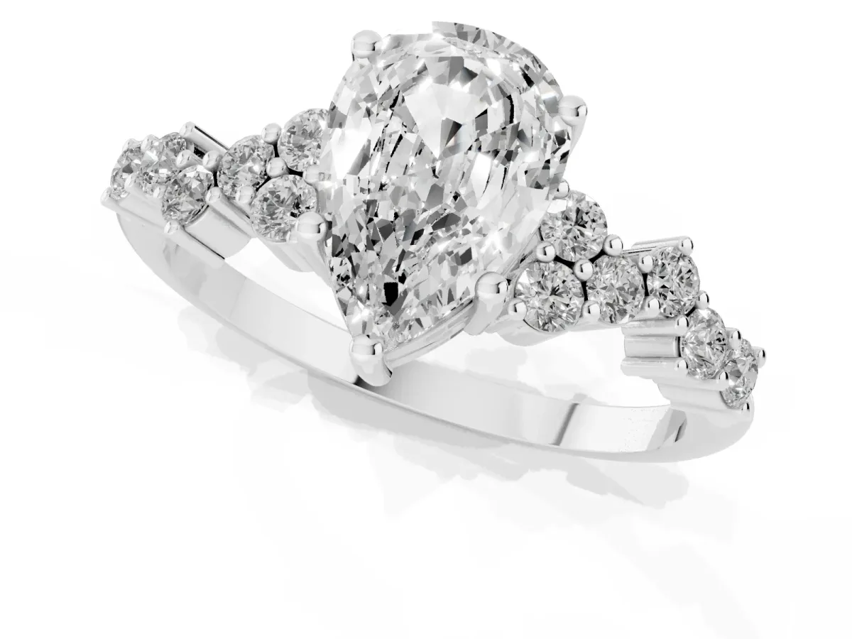 Pear Cut Diamond Scattered Round Accent Ring with Prong Setting White gold