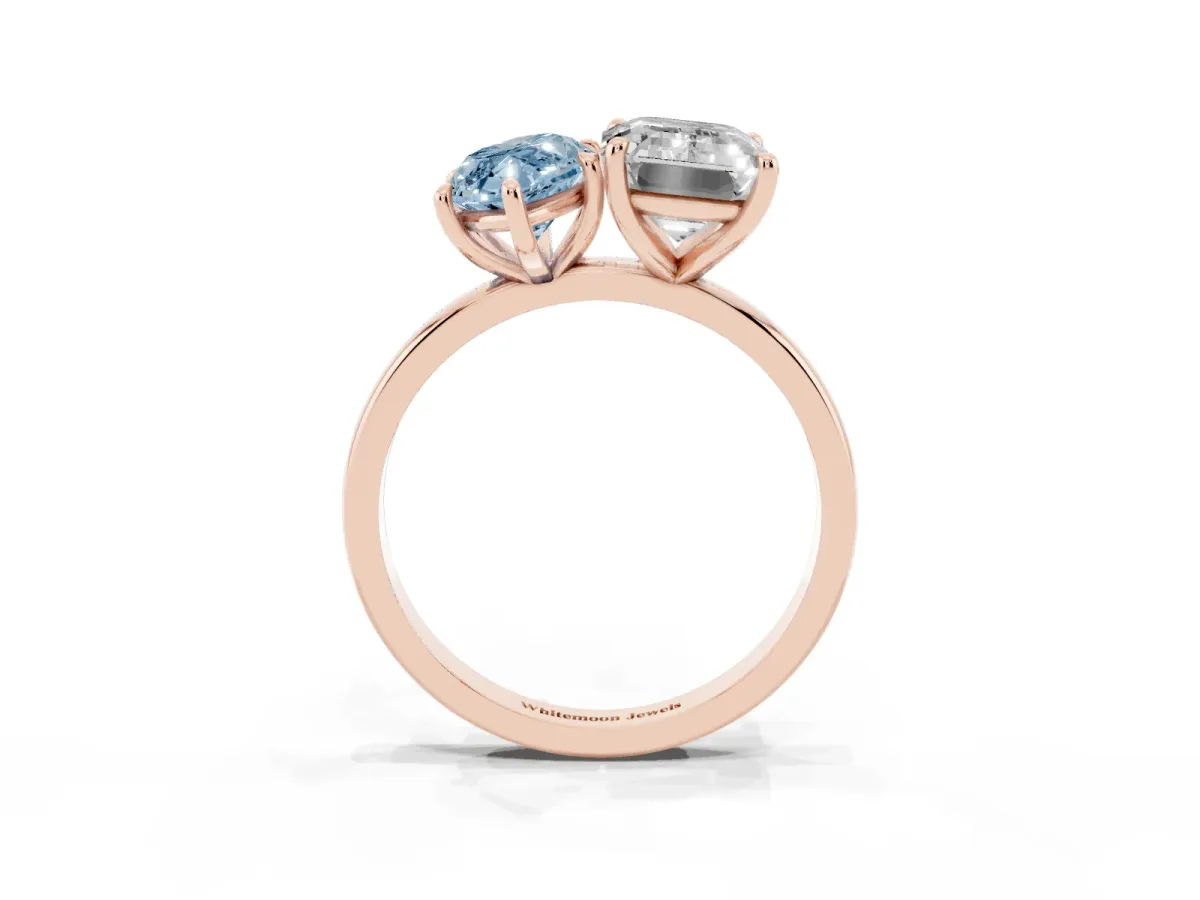 Fancy Blue Marquise Cut and Emerald Cut Toi Moi Ring with Prong Setting Rose gold