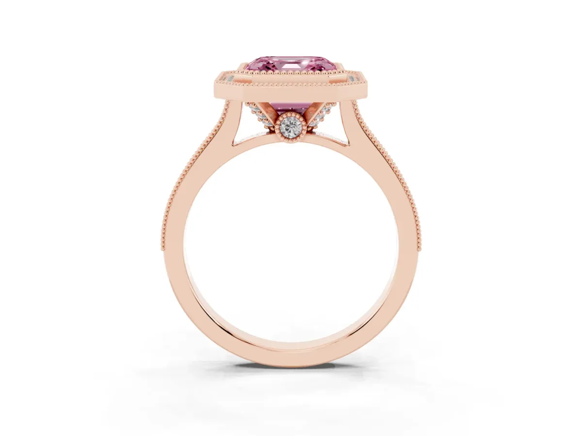 Fancy Pink Halo Asscher Cut-Cut Diamond Pave Band Milgrain Prong Setting Ring Rose gold