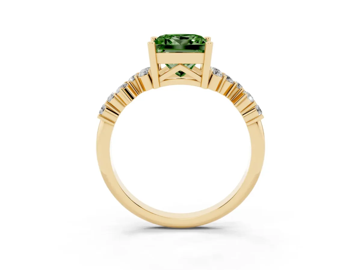 Fancy Green Princess Cut Diamond Scattered Round Accent Ring with Prong Setting Yellow gold