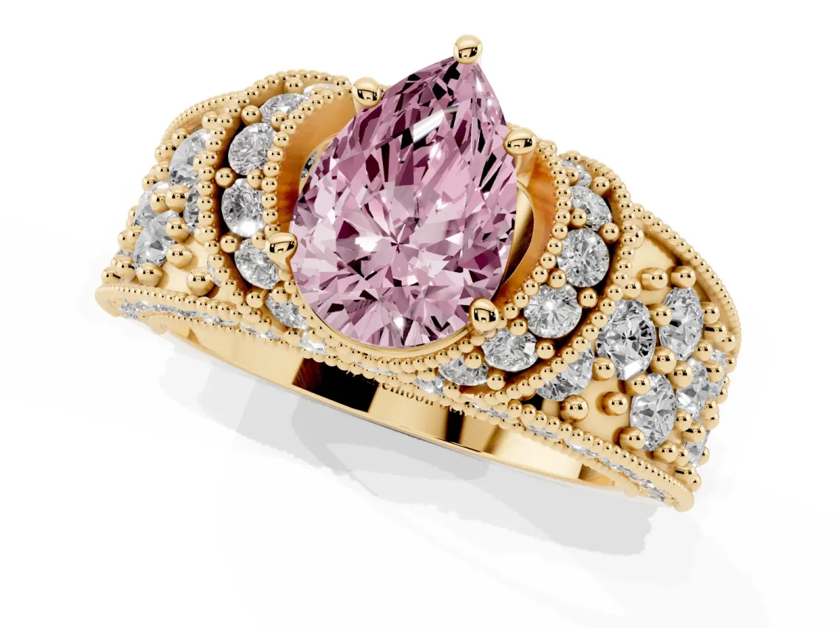 Fancy Pink Pear Cut Halo Pave Diamond Engagement Ring with Milgrain Detailing Yellow gold