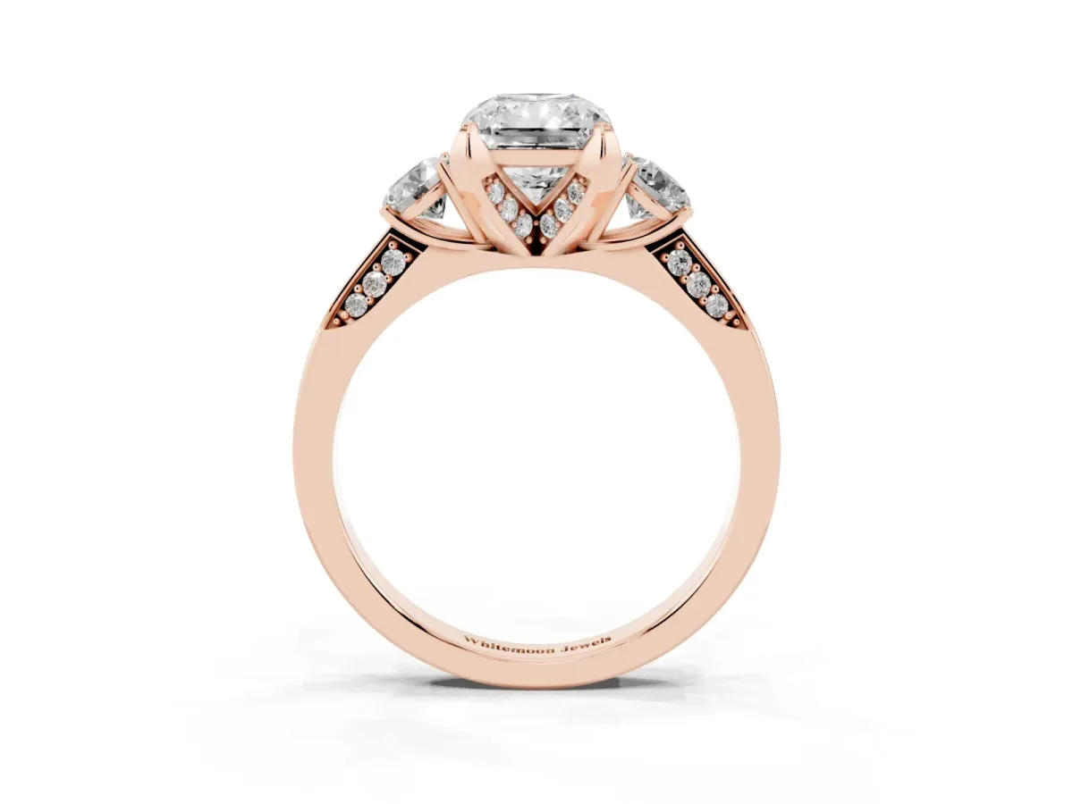 Radiant Cut Brilliant Three-Stone Diamond Ring with Pavé Band and Four-Prong Setting Rose gold