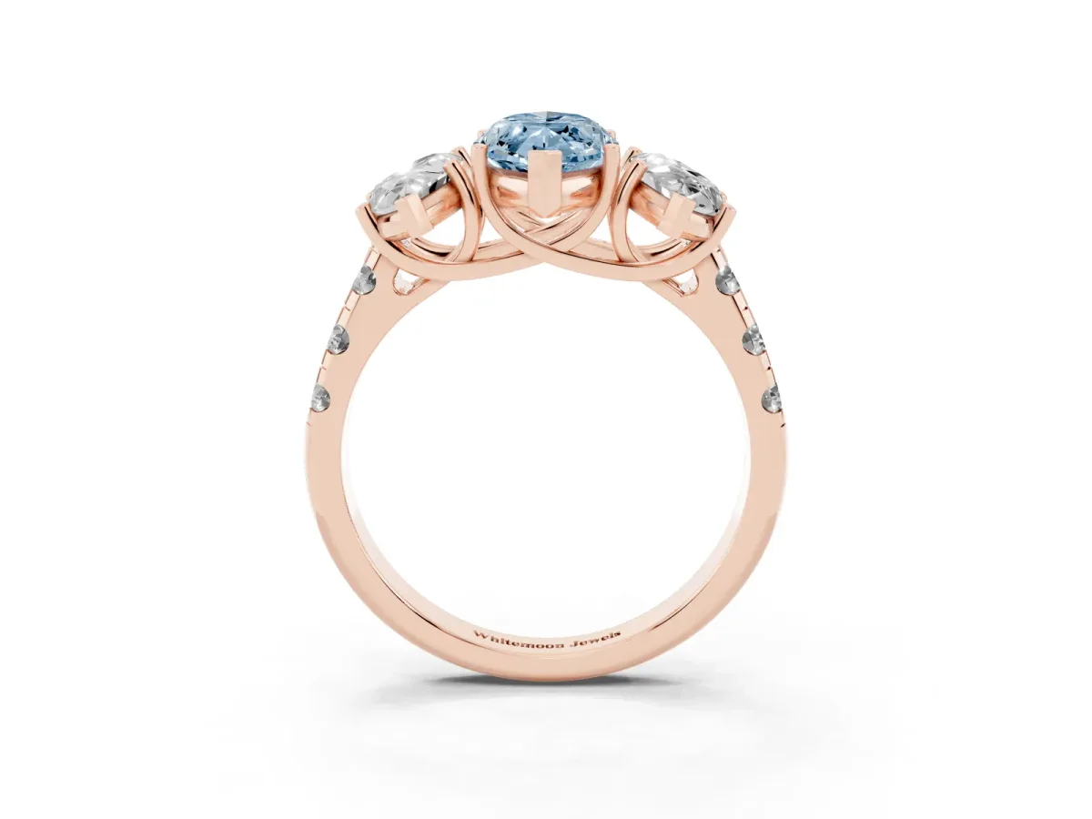 Fancy Blue Three-Stone Marquise Cut Diamond Pavé Band with Prong Setting Rose gold