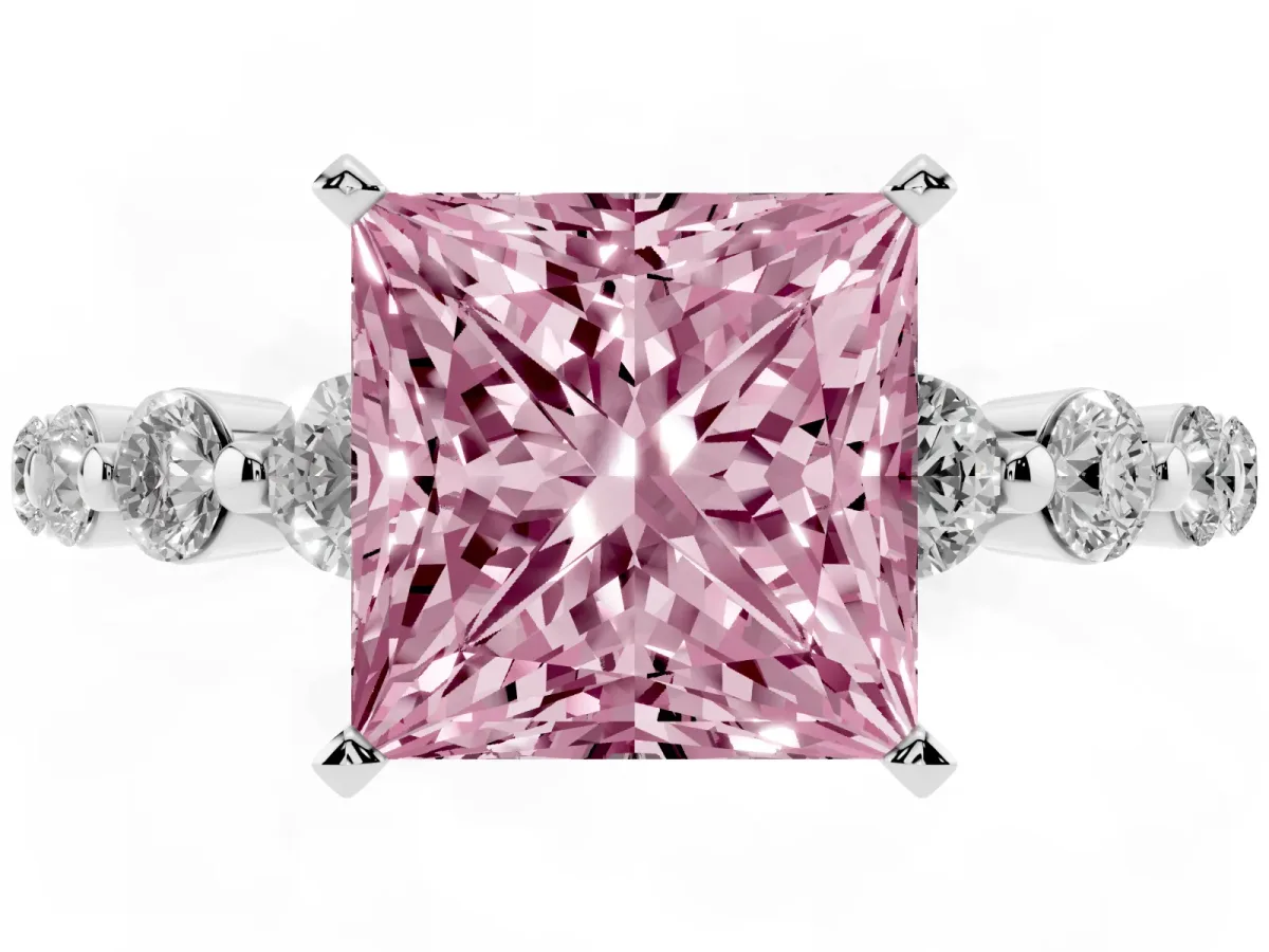 Fancy Pink Princess Cut Solitaire Diamond Ring with Pave Band and Four-Prong Setting Silver