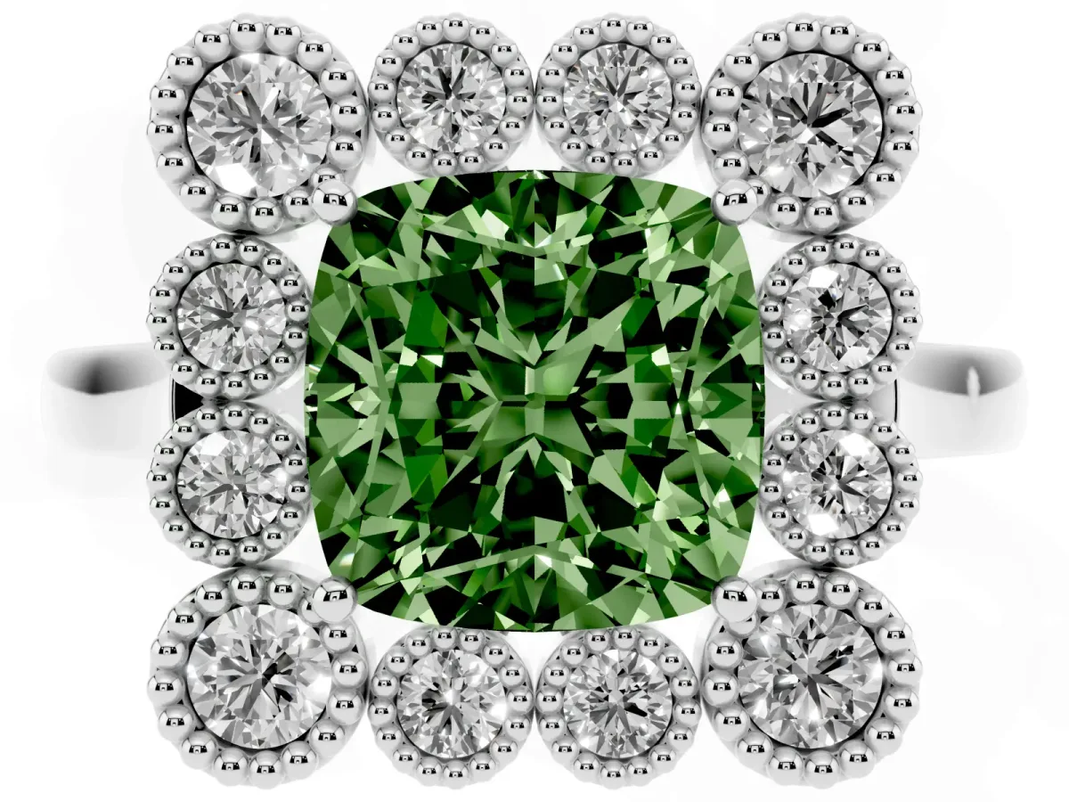 Fancy Green Cushion Cut Halo Diamond Cluster Engagement Ring with Milgrain Bezel Setting and Solitaire Band Platinum