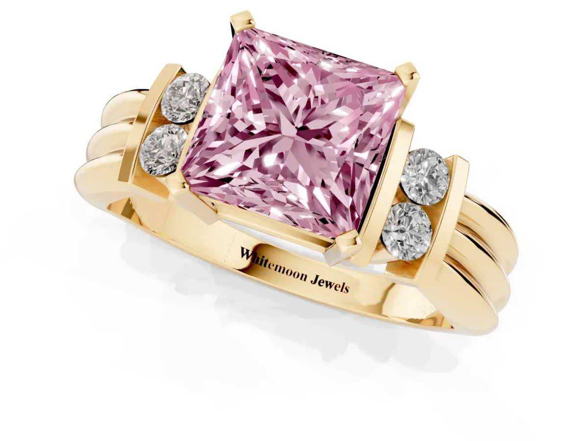 Fancy Pink Princess Cut Cut Three-Stone Channel Set Ring with Bar Prongs Yellow gold