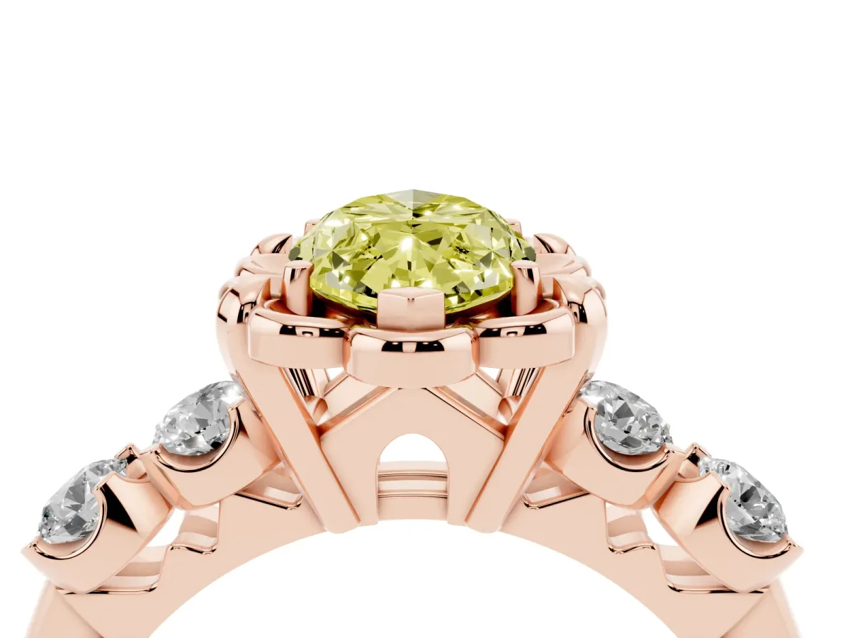 Fancy Yellow Marquise Cut Cut Diamond Floral Halo Engagement Ring with Shared Prong Setting Rose gold