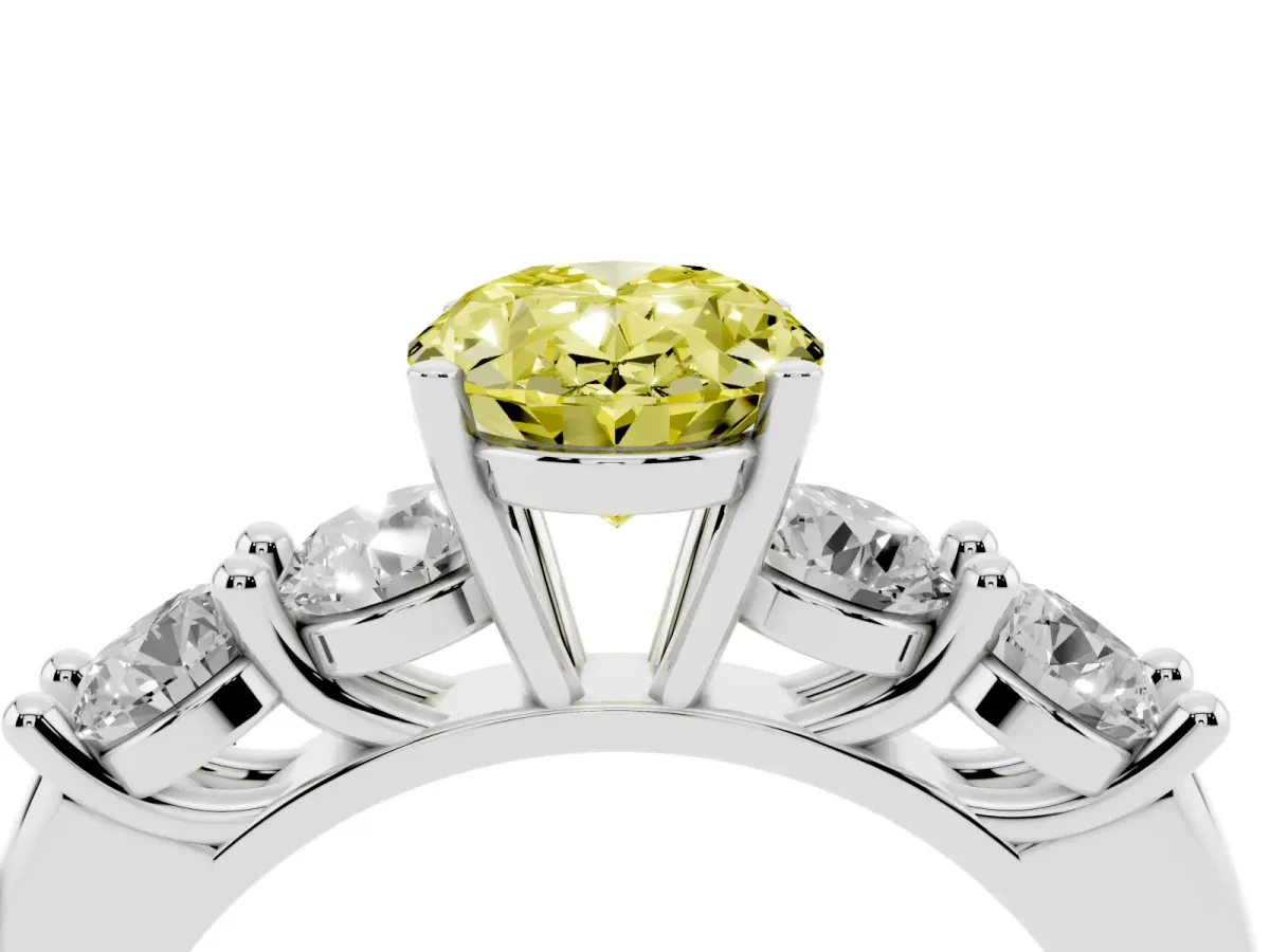 Fancy Yellow Oval Cut Cut Five-Stone Prong Set Diamond Ring with Classic Band Silver