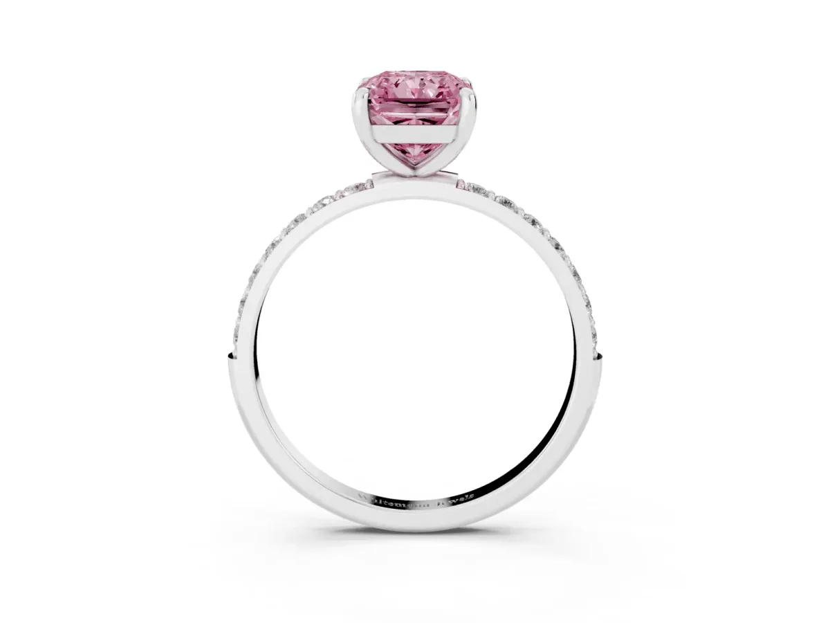 Fancy Pink Radiant Cut Diamond Solitaire Ring with Round Pavé Band and Prong Setting Silver