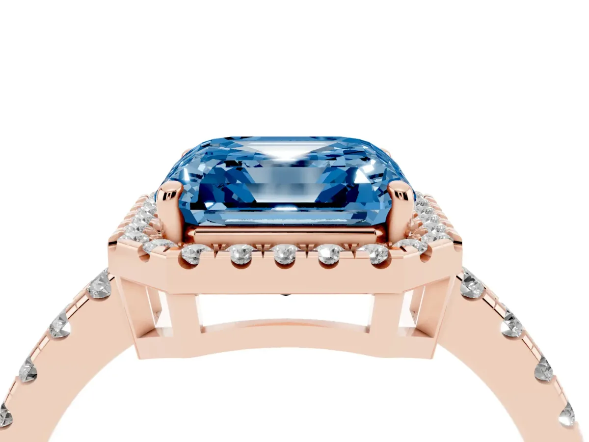 Fancy Blue Asscher Cut Diamond Halo Ring with Pavé Band and Four-Prong Setting Rose gold