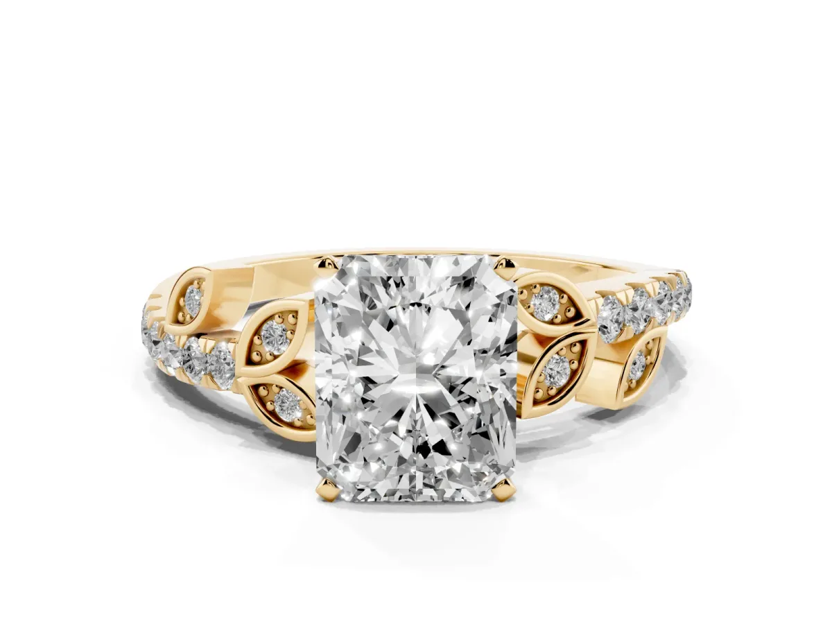 Radiant Cut Solitaire Leaf-Inspired Diamond Ring with Pavé Band and Four-Prong Setting Yellow gold