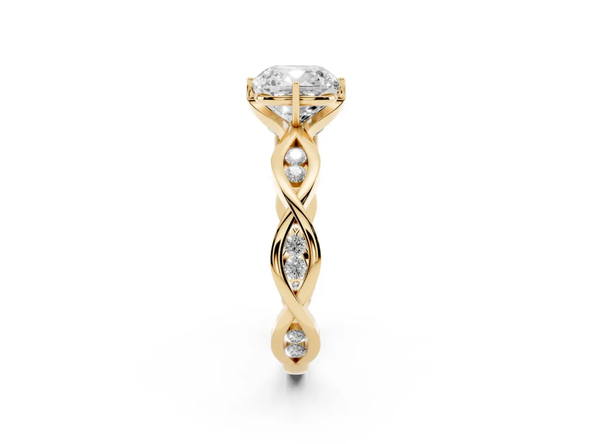 Cushion Cut Solitaire Twist Band with Leaf Prong Setting Yellow gold