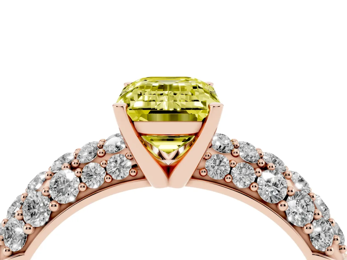 Fancy Yellow Emerald Cut Diamond Pavé Band Solitaire Ring with Four-Prong Setting Rose gold