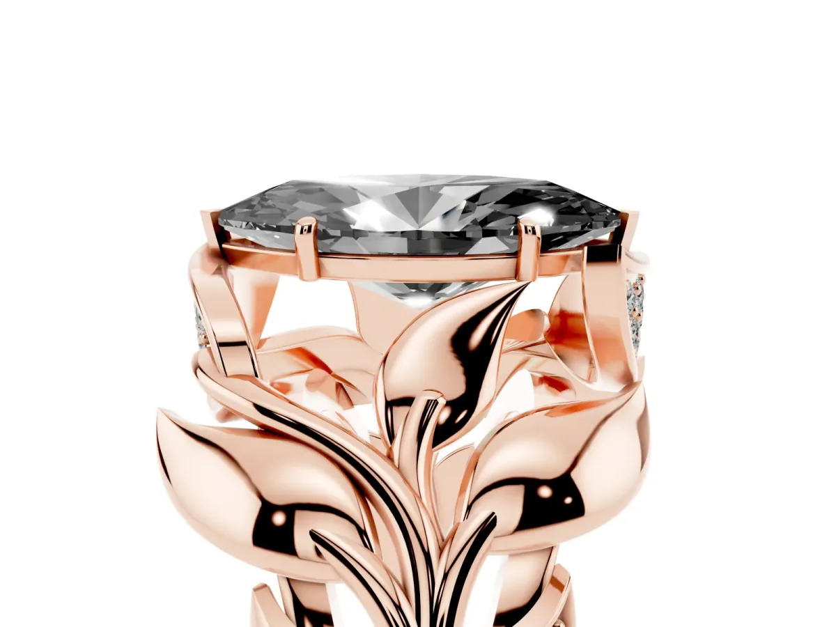 Fancy Black Marquise Cut Diamond Leaf-Inspired Engagement Ring with Round Accents and Prong Setting Rose gold