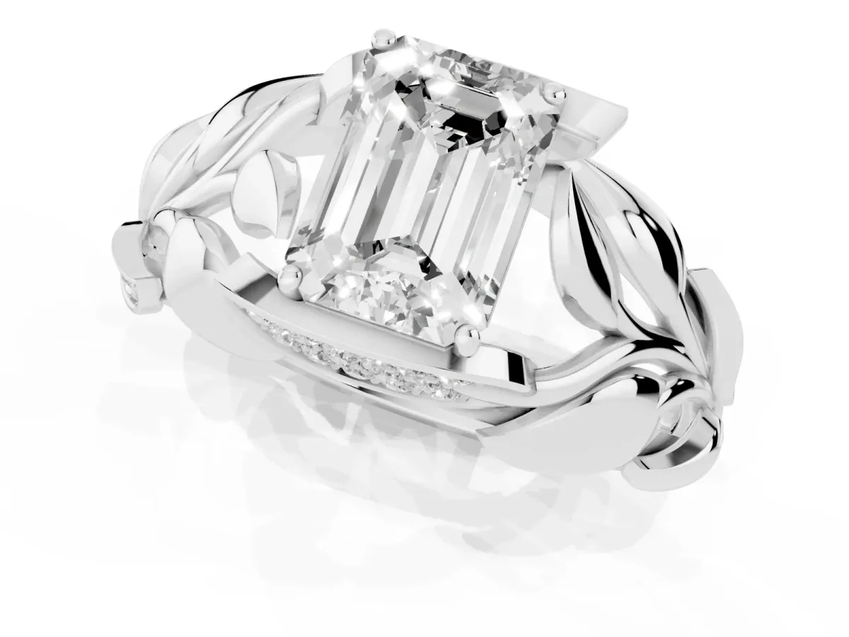 Emerald Cut Diamond Leaf-Inspired Engagement Ring with Round Accents and Prong Setting Silver