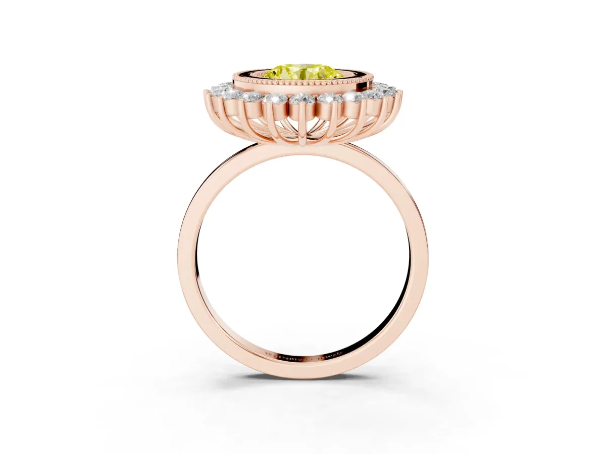 Fancy Yellow Round Cut Halo Diamond Ring with Milgrain Edge and Round Prong Setting Rose gold
