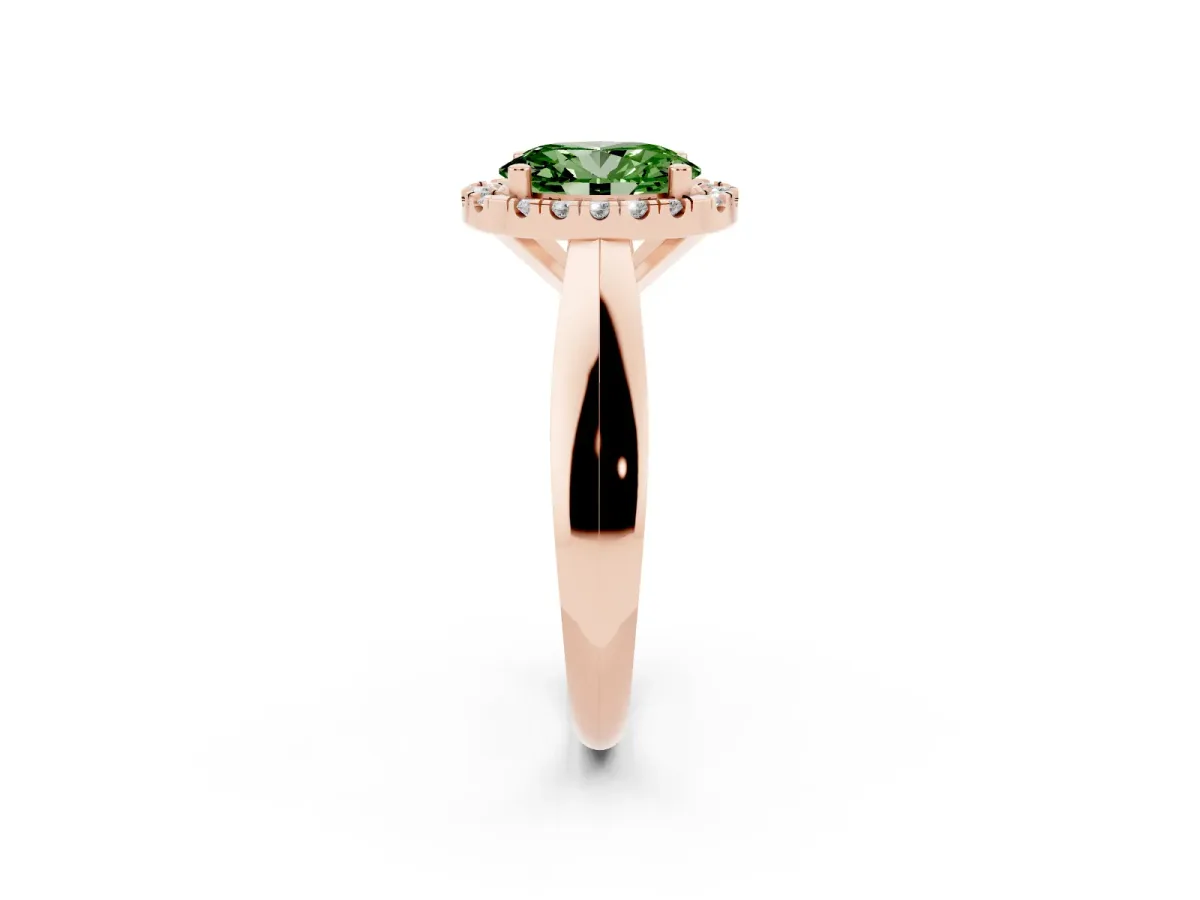 Fancy Green Oval Cut Cut Halo Solitaire Engagement Ring with Square Band and Four-Prong Setting Rose gold