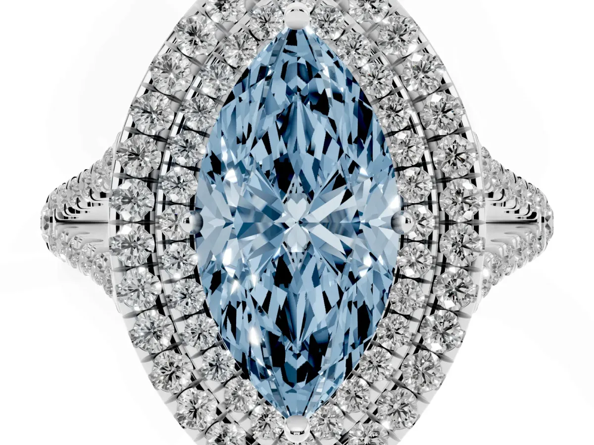 Fancy Blue Marquise Cut Diamond Double Halo Ring with Pavé Band and Prong Setting Silver
