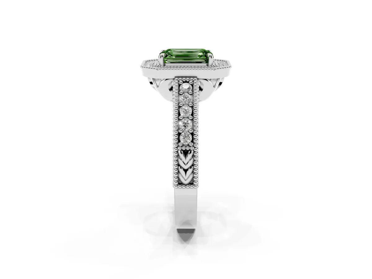 Fancy Green Emerald Cut Cut Halo Diamond Ring with Pavé Band and Four-Prong Setting White gold