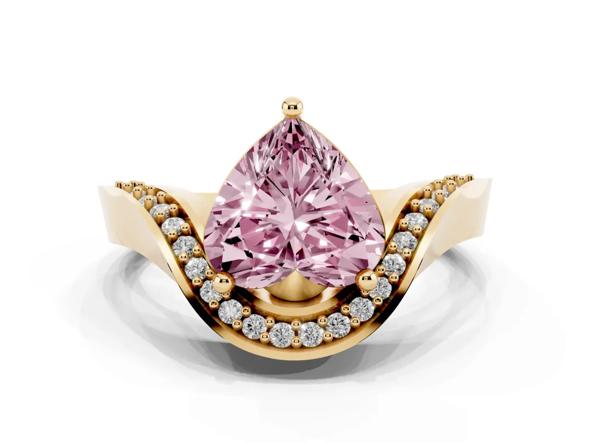 Fancy Pink Heart Cut Solitaire Diamond Engagement Ring with Pave Band and Four-Prong Setting Yellow gold