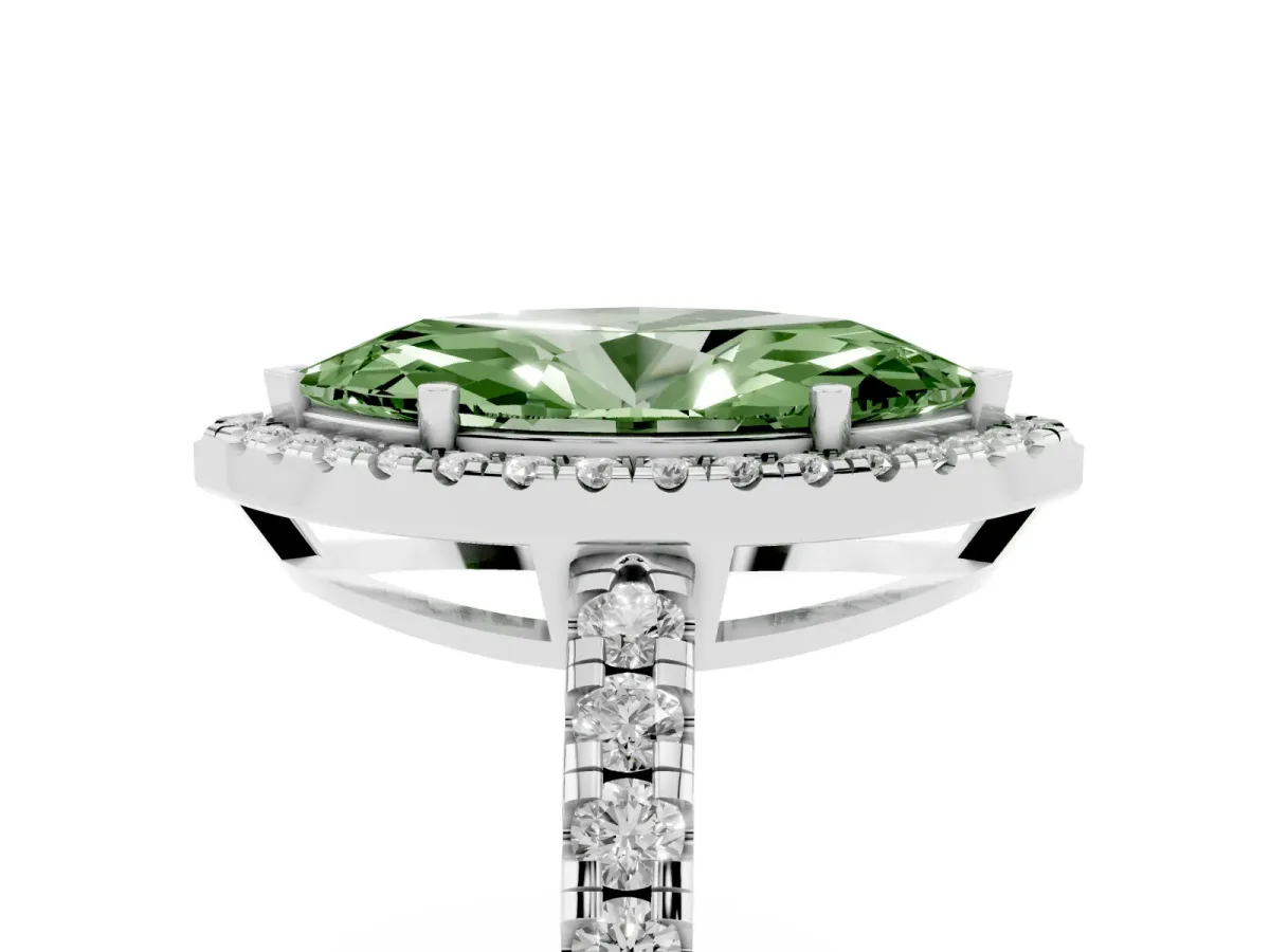 Fancy Green Marquise Cut Diamond Halo Ring with Pavé Band and Four-Prong Setting White gold