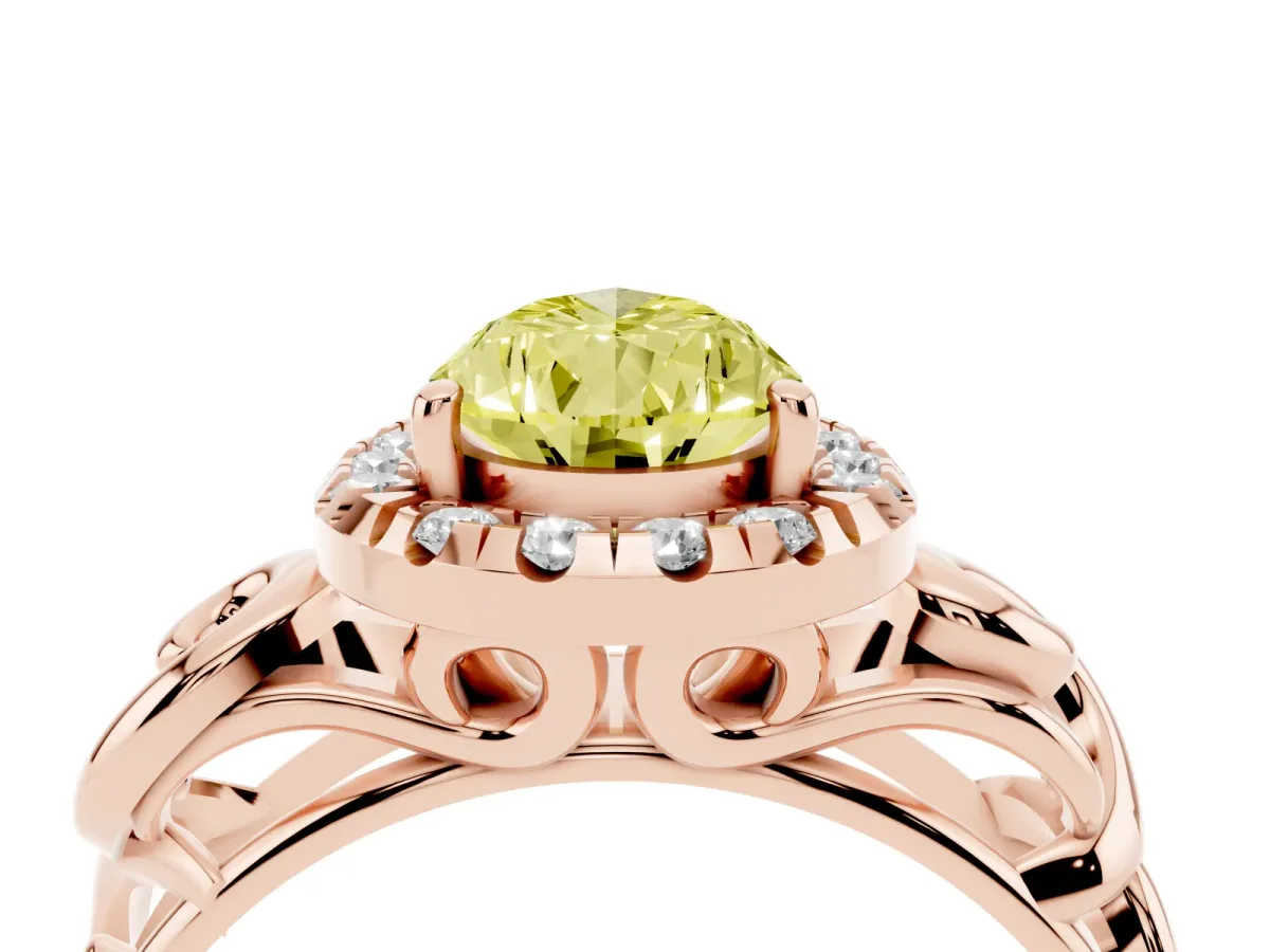 Fancy Yellow Pear Cut Cut Halo Diamond Ring with Scrollwork Band and Four-Prong Setting Rose gold