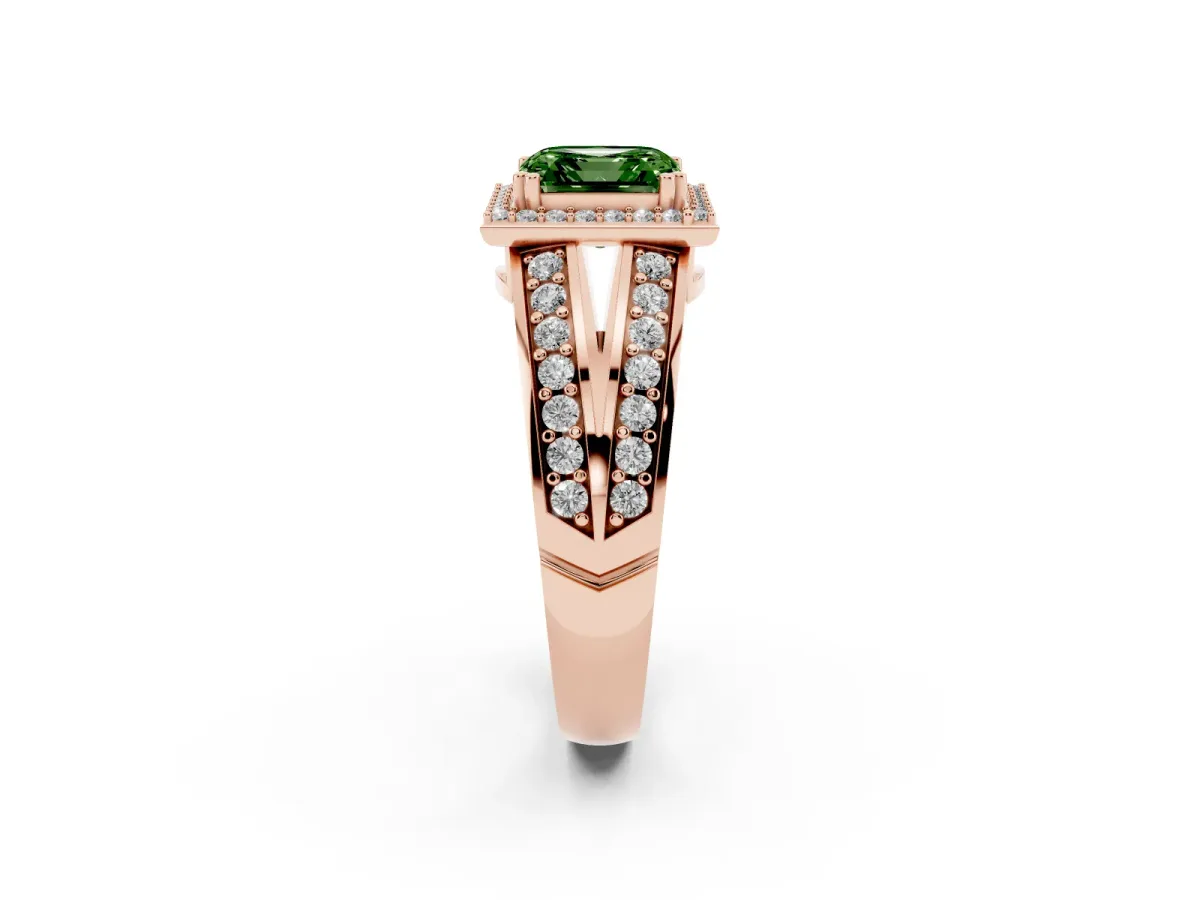 Fancy Green Asscher Cut Diamond Halo Ring with Split Shank Pavé Band and Four-Prong Setting Rose gold