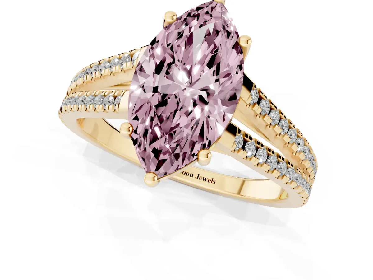 Fancy Pink Marquise Cut Diamond Solitaire Engagement Ring with Split Shank Pavé Band Yellow gold