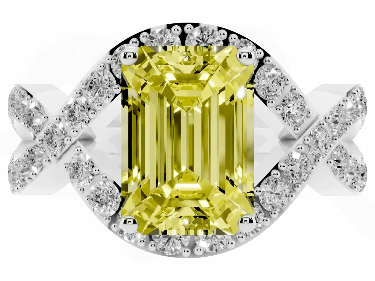 Fancy Yellow Emerald Cut Solitaire Twist Band Pavé Diamond Engagement Ring Silver