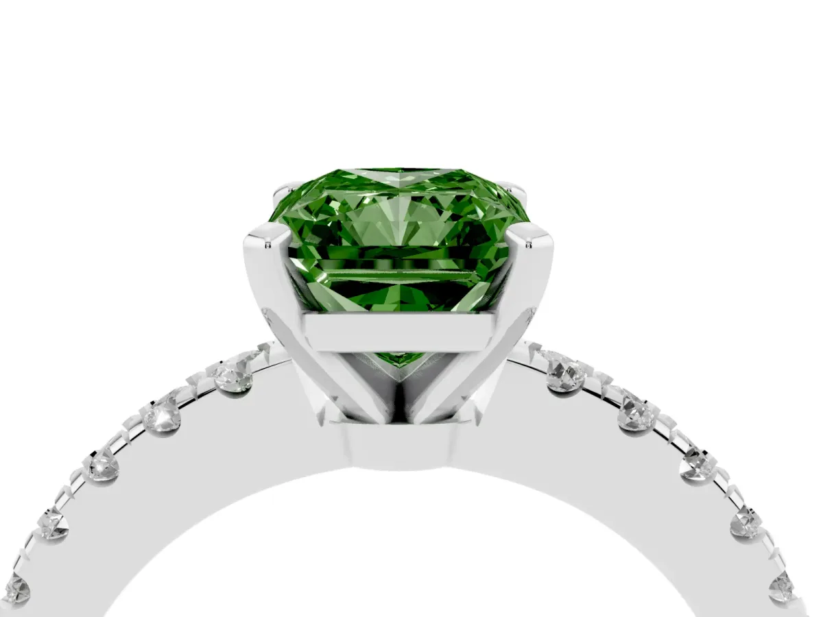 Fancy Green Radiant Cut Solitaire Diamond with Pavé Band and Four-Prong Setting White gold