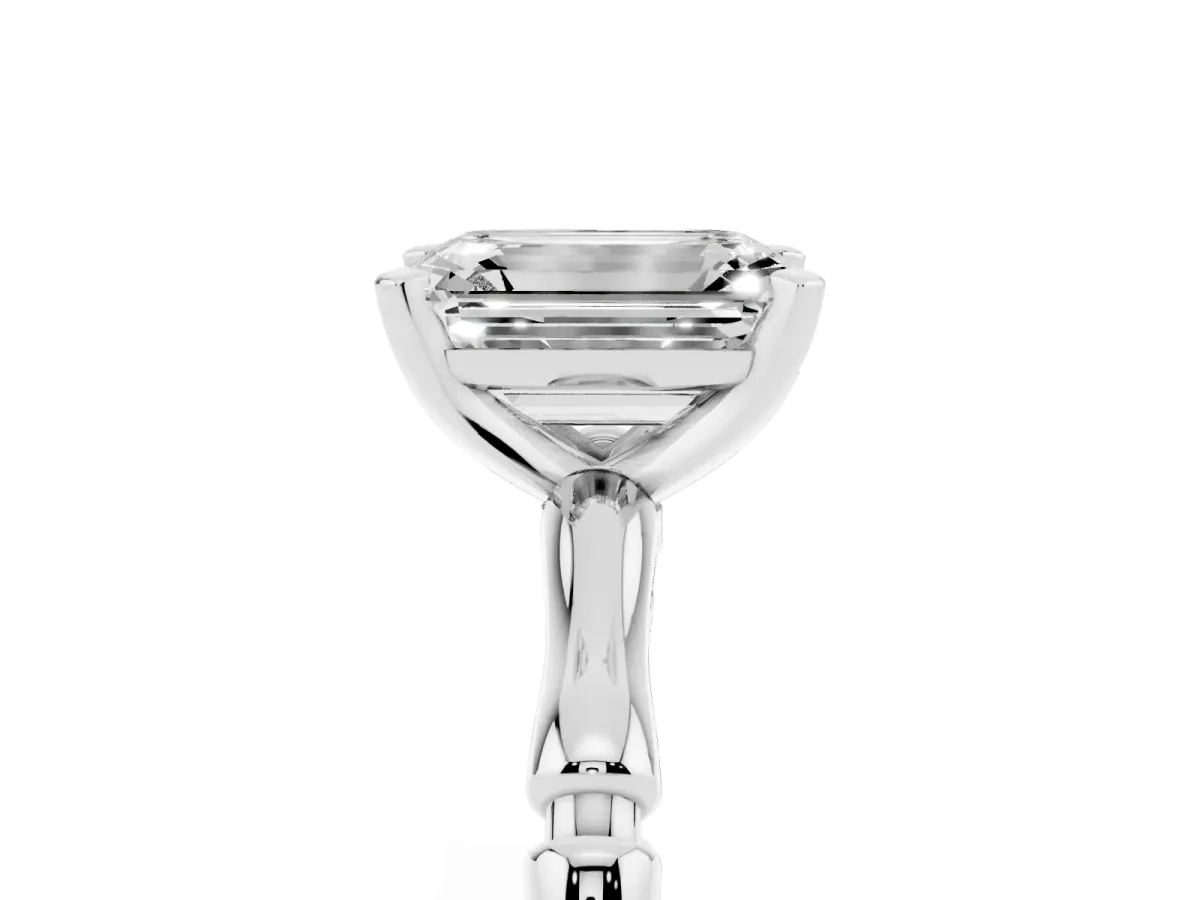 Emerald Cut Solitaire Diamond Ring with Bamboo Band and Four-Prong Setting Silver