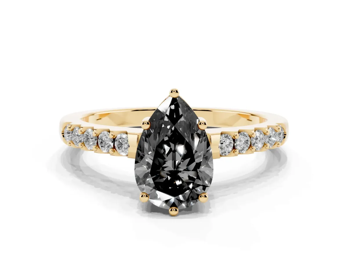 Fancy Black Pear Cut Solitaire Diamond Engagement Ring with Pavé Band and Six-Prong Setting Yellow gold