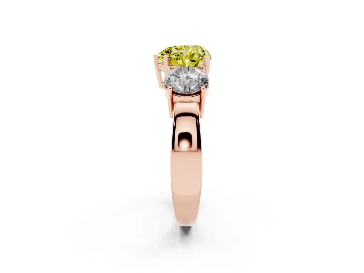 Fancy Yellow Three-Stone Heart Cut Diamond Ring with Round Side Stones, Classic Band, and Four-Prong Setting Rose gold