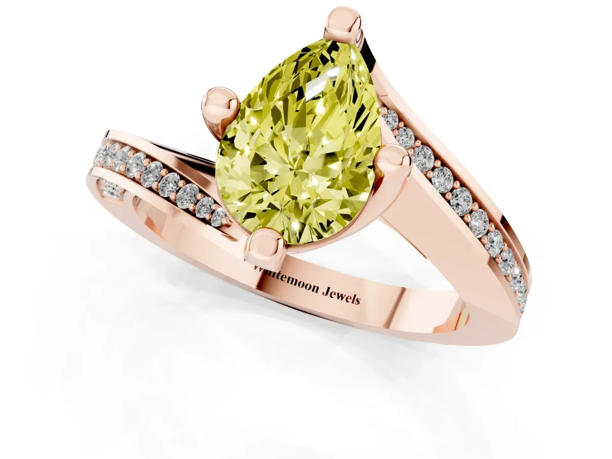 Fancy Yellow Pear Cut Solitaire Diamond Twist Band with Pavé Setting and Four-Prong Setting Rose gold