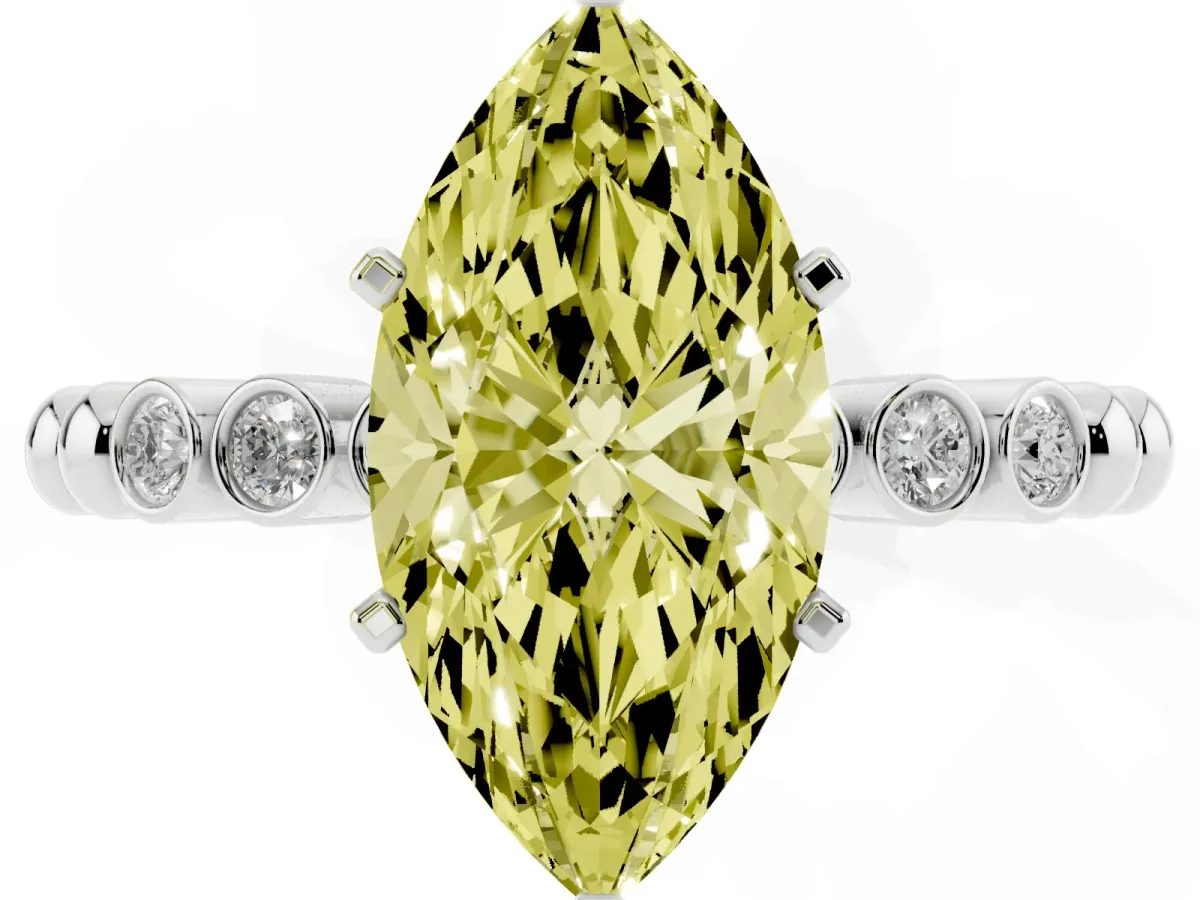 Fancy Yellow Marquise Cut Solitaire Bezel Accent Diamond Engagement Ring with Beaded Band and Four-Prong Setting Platinum