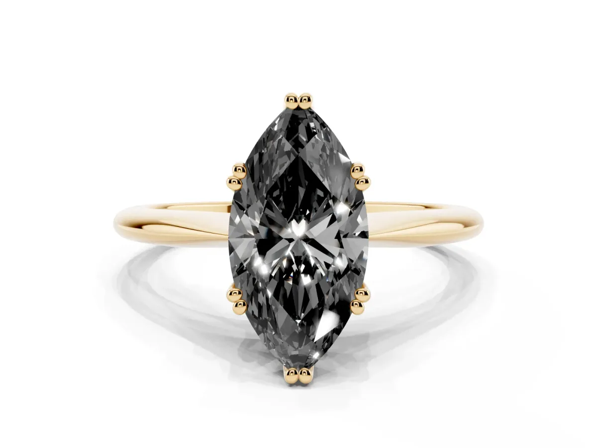 Fancy Black Marquise Cut Solitaire Diamond Ring with Six-Prong Setting and Classic Band Yellow gold
