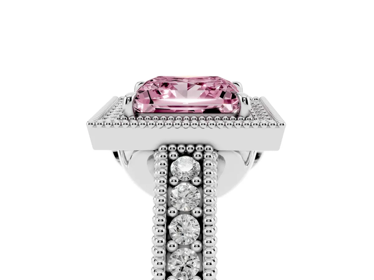 Fancy Pink Princess Cut Cut Halo Diamond Ring with Pavé Band and Four-Prong Setting White gold